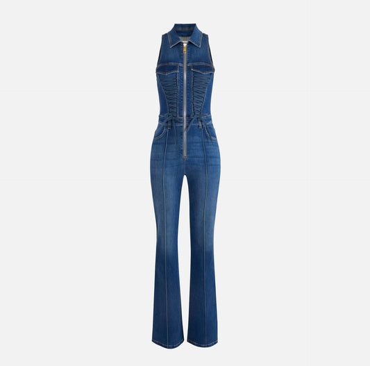 Denim jumpsuit with crossover laces