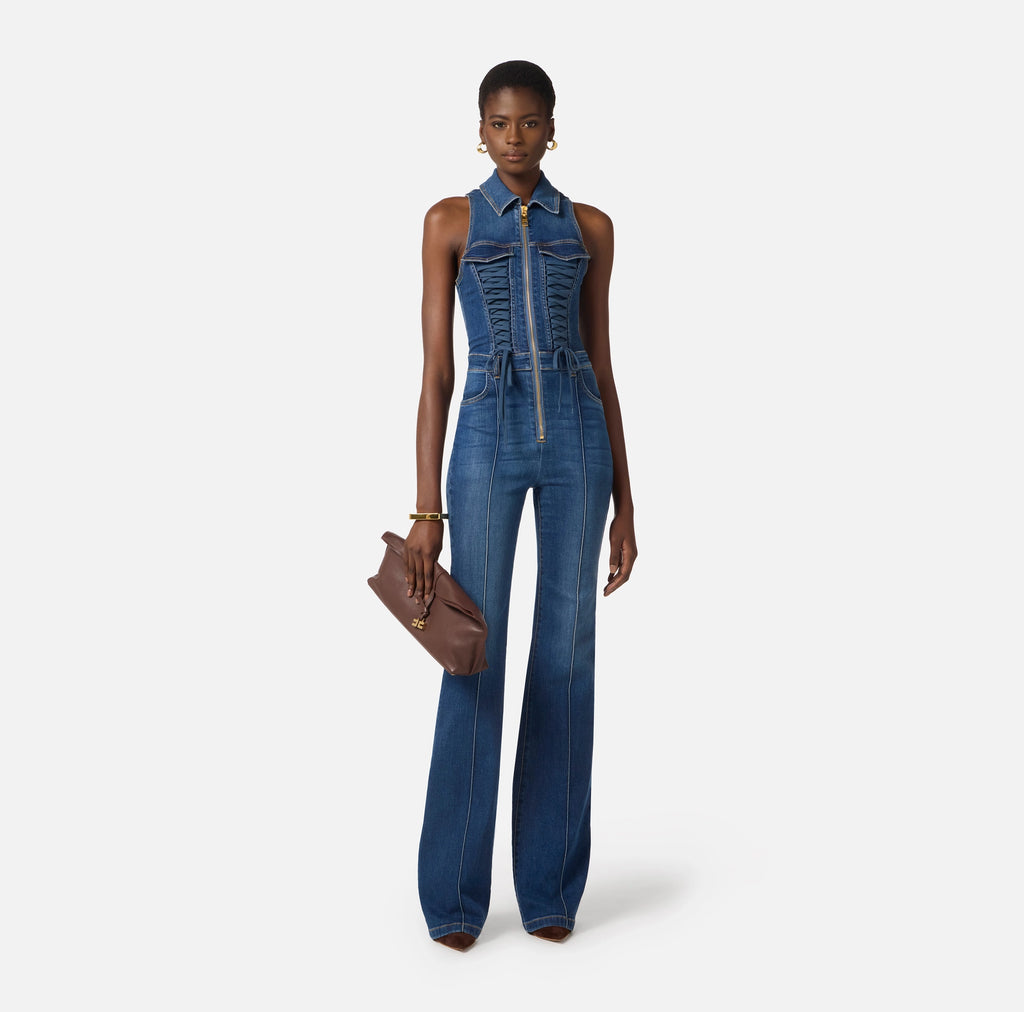Denim jumpsuit with crossover laces