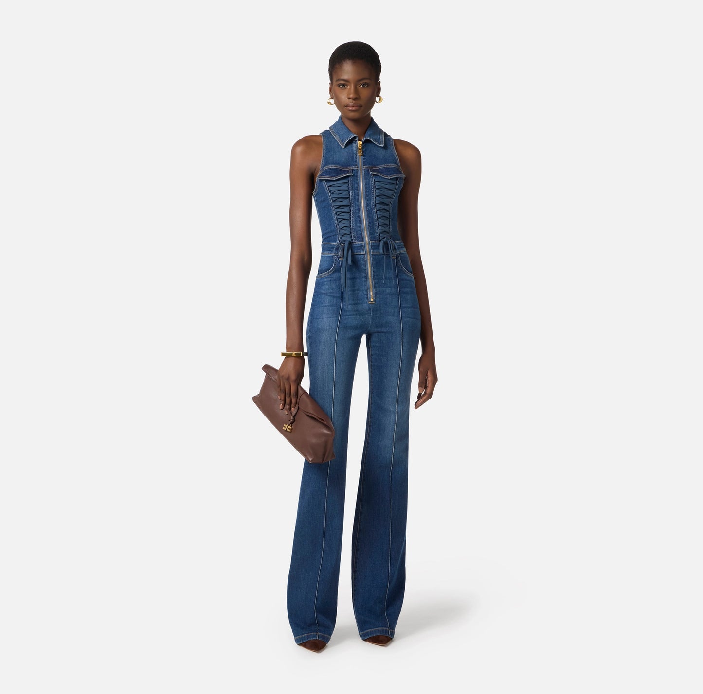 Denim jumpsuit with crossover laces