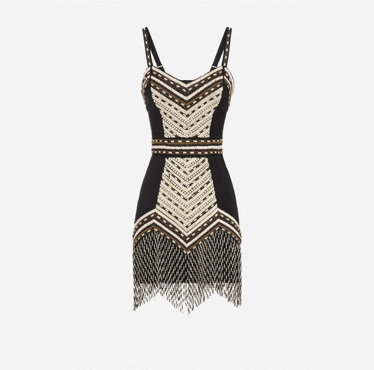 Mini dress with ethnic embroidery and two-tone fringe