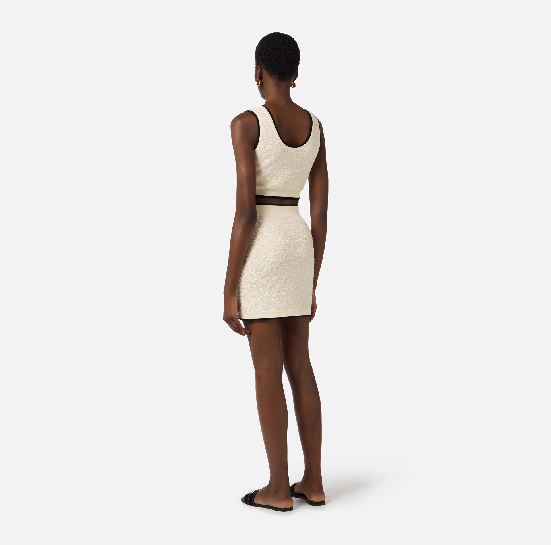 Top in bouclé chenille fabric with contrasting details