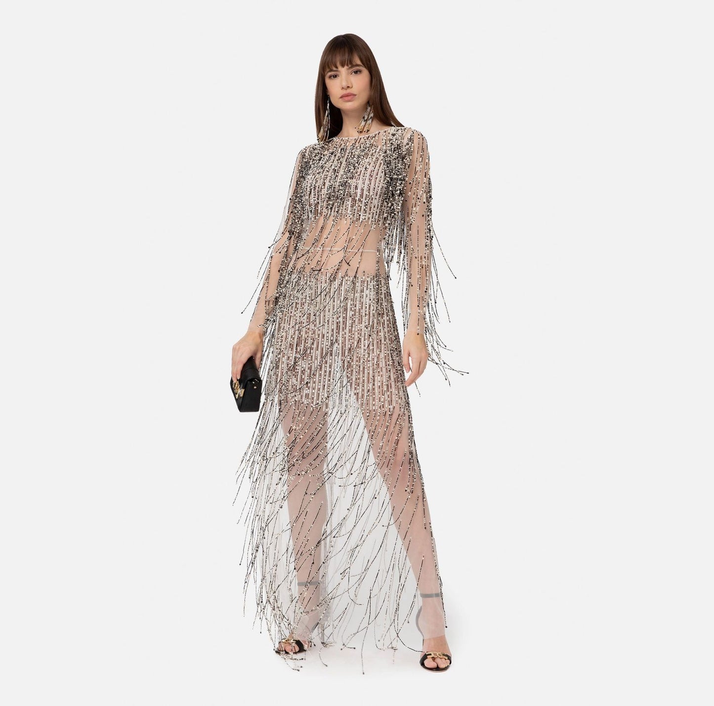 Red carpet dress with two-tone fringes