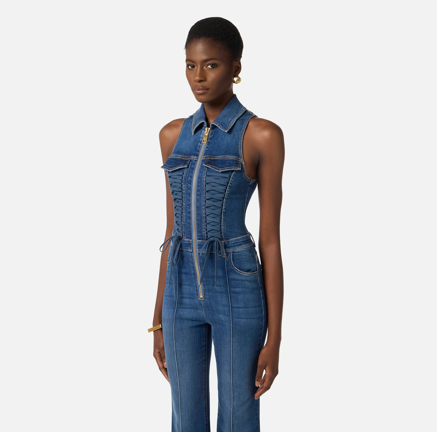 Denim jumpsuit with crossover laces
