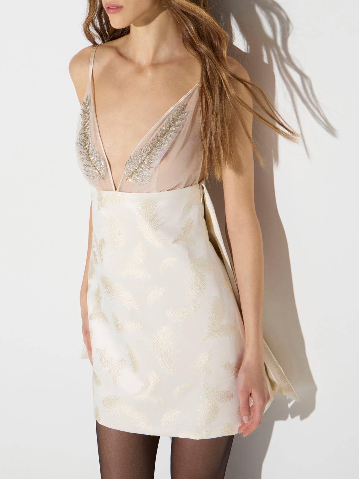 Jacquard mini dress with feathers