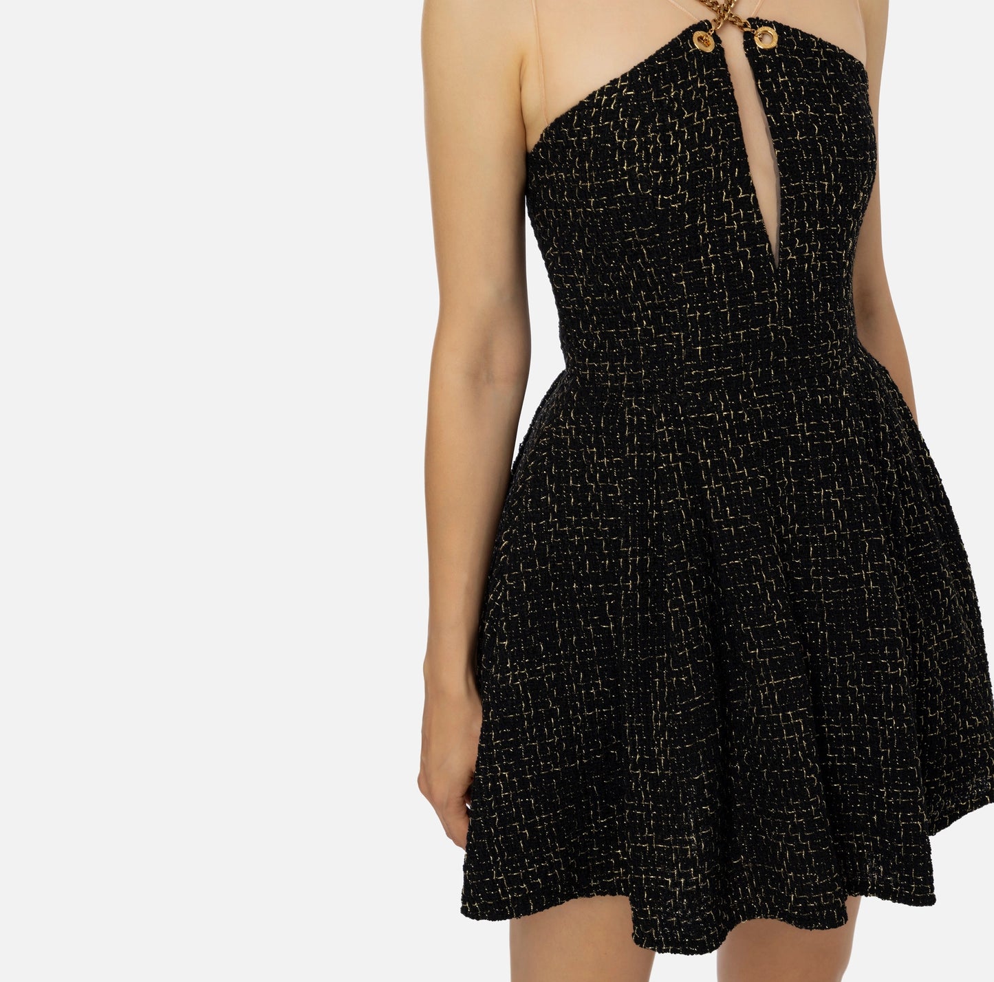 Lurex tweed mini-dress with chain