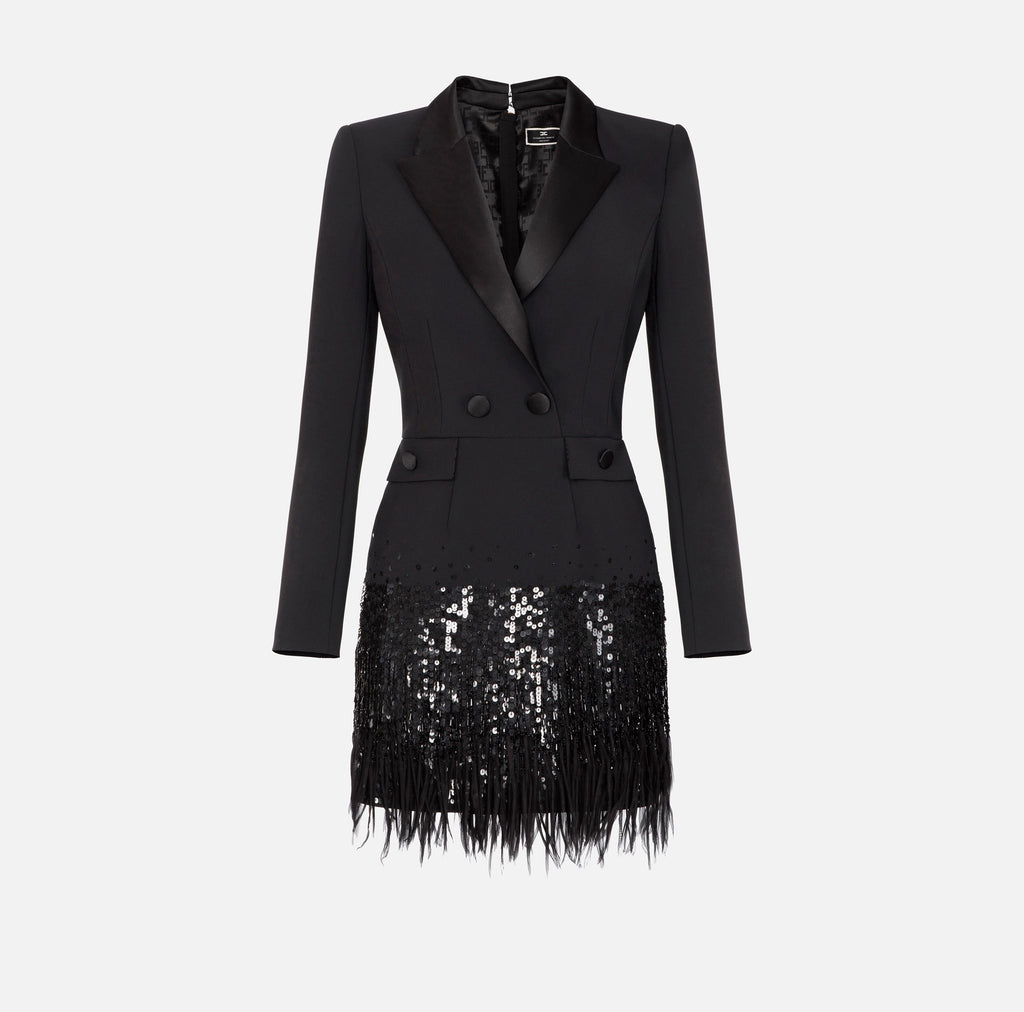 Coat dress in double layer crêpe fabric with sequins and fringes | LAST PIECE: 42