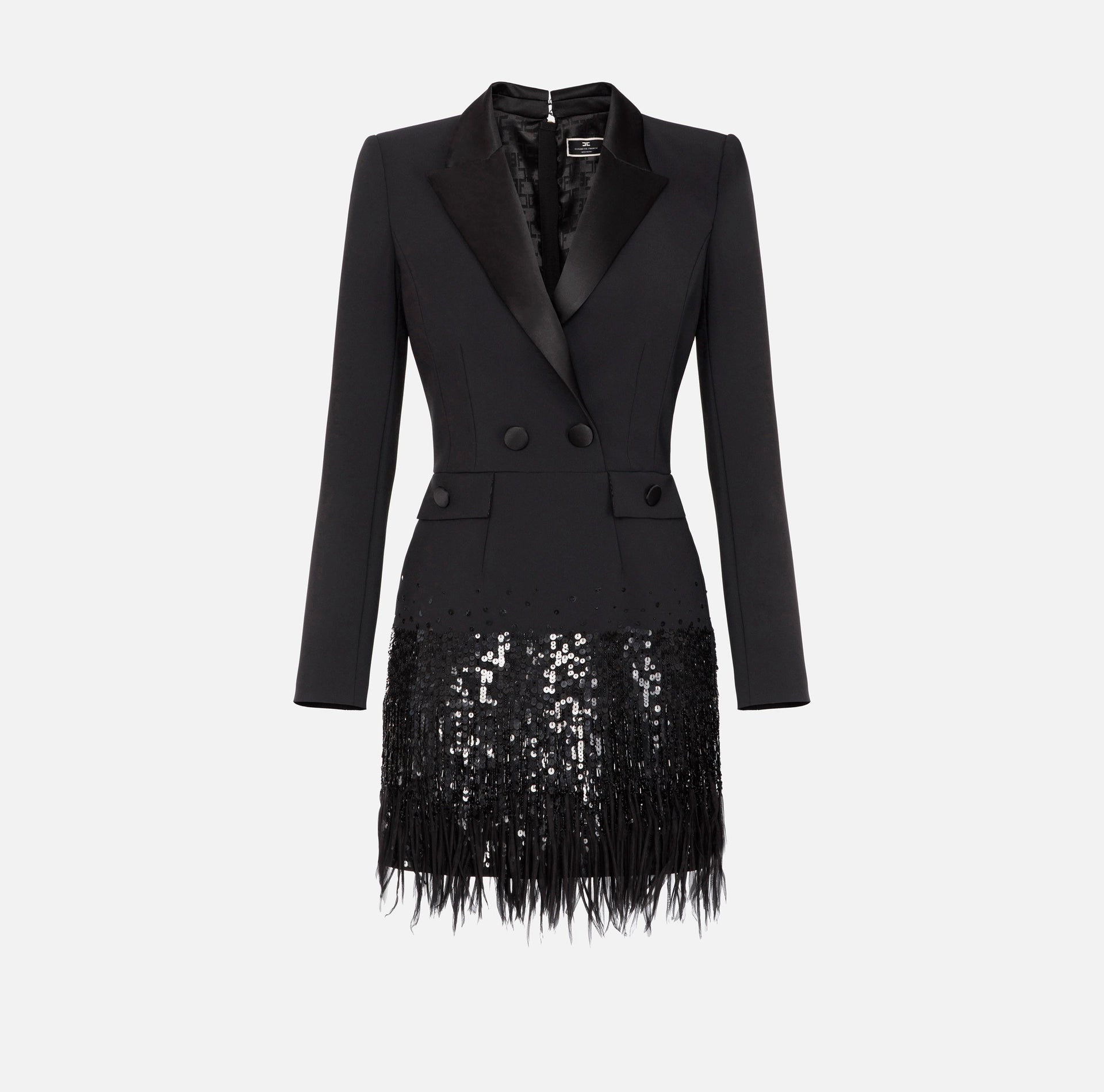 Coat dress in double layer crêpe fabric with sequins and fringes | LAST PIECE: 42