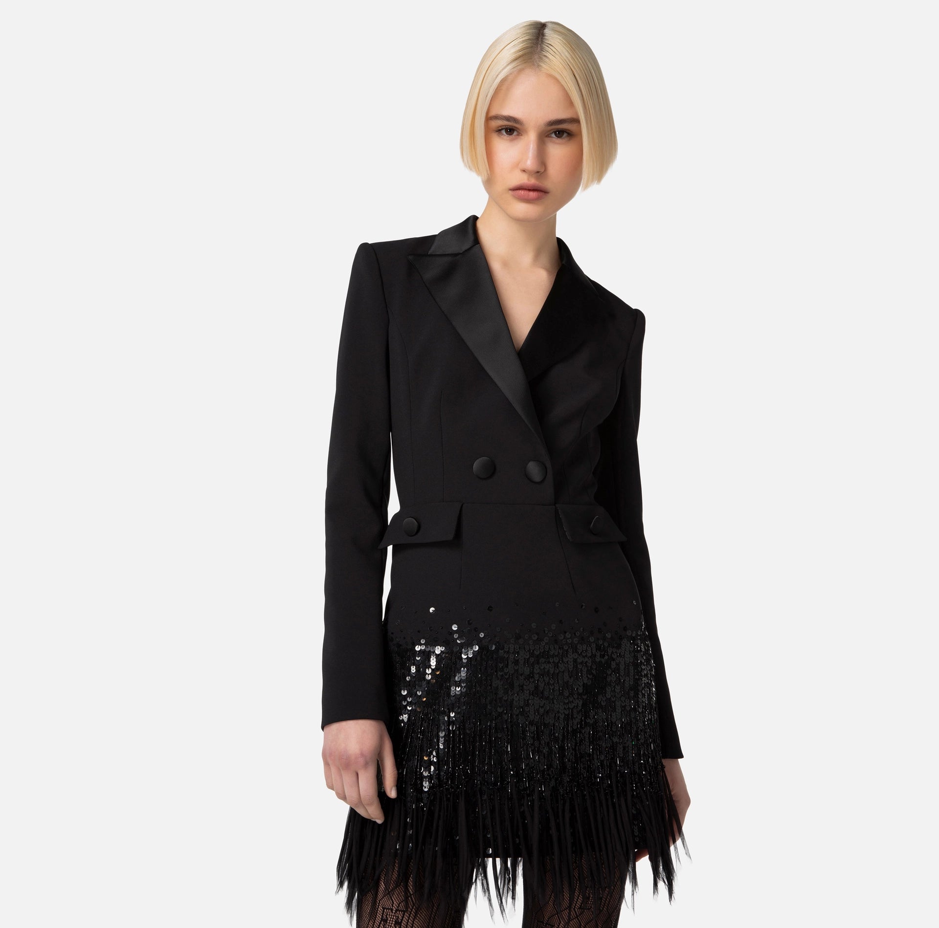 Coat dress in double layer crêpe fabric with sequins and fringes | LAST PIECE: 42