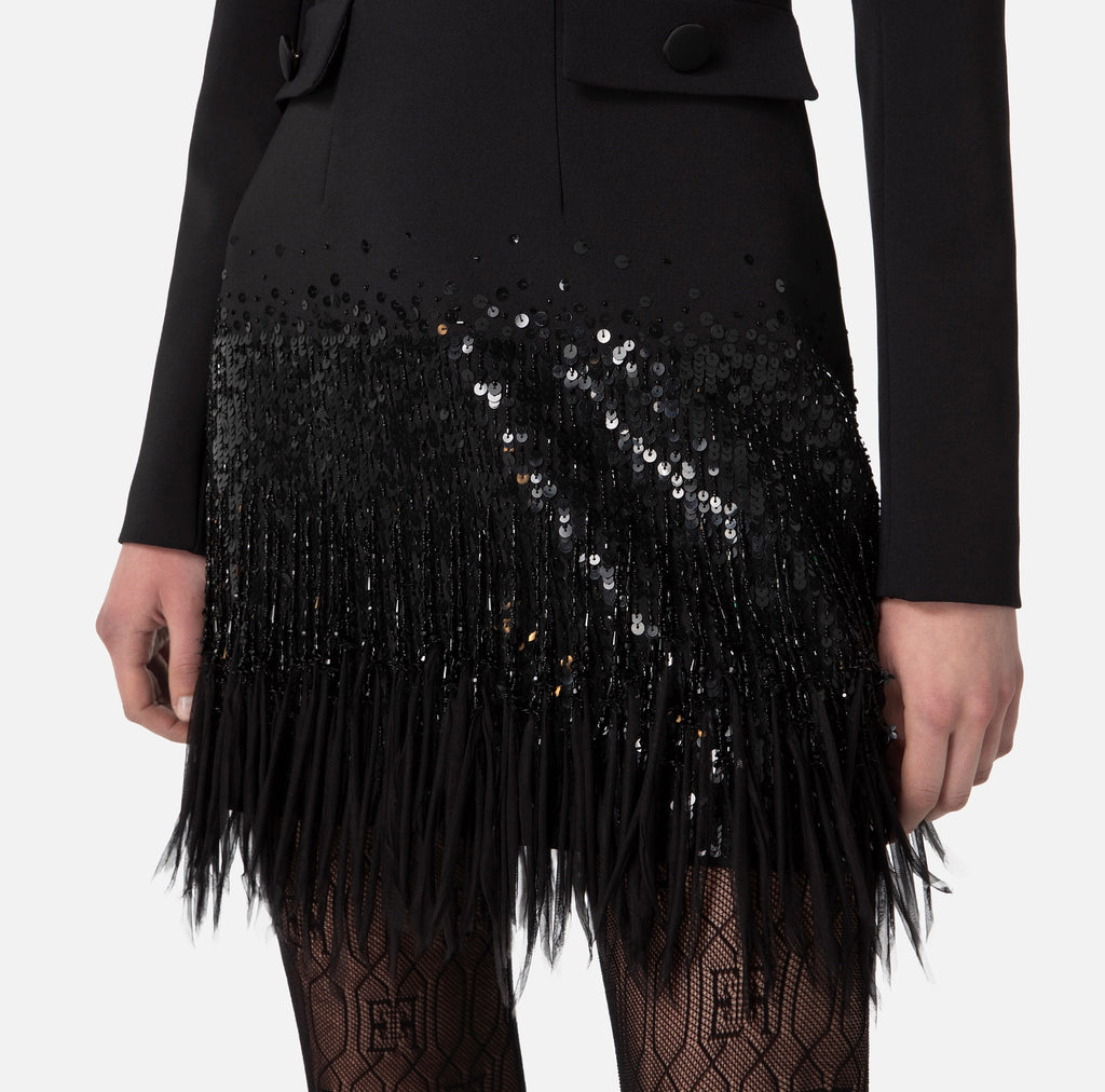 Coat dress in double layer crêpe fabric with sequins and fringes | LAST PIECE: 42