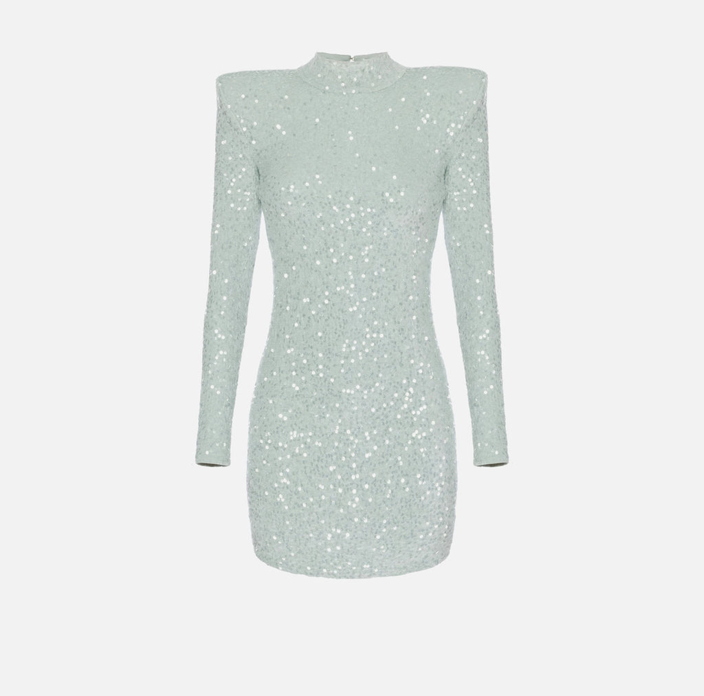 Mini-dress made of sequins with structured shoulders | Acqua- 38 | Cedro-38/40