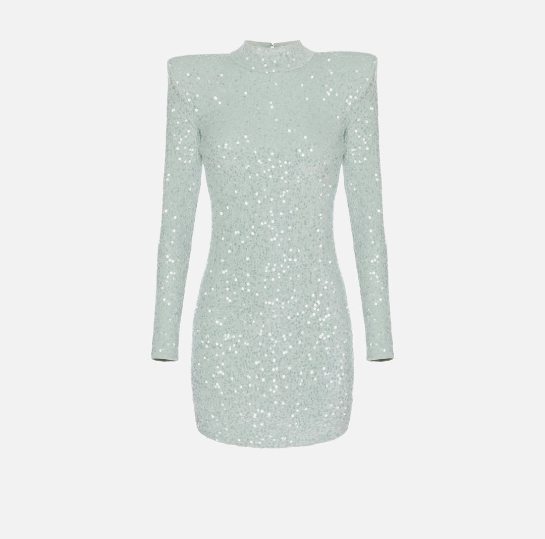 Mini-dress made of sequins with structured shoulders | Acqua- 38 | Cedro-38/40