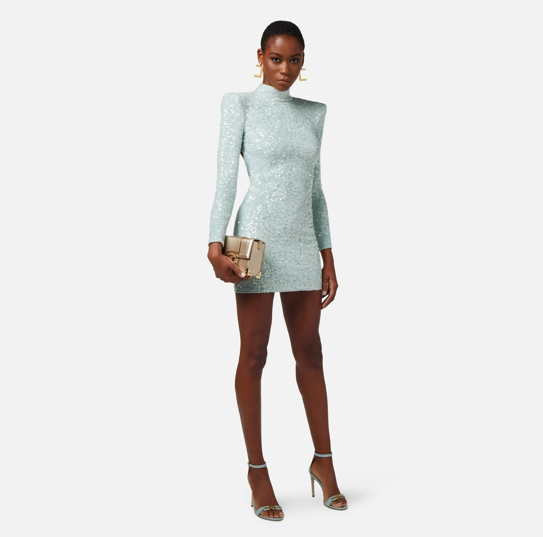 Mini-dress made of sequins with structured shoulders | Acqua- 38 | Cedro-38/40