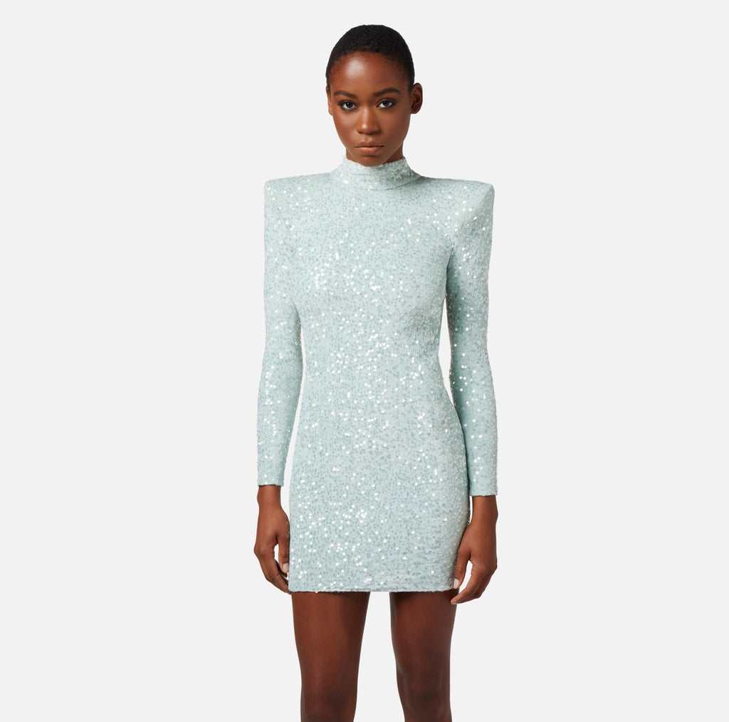 Mini-dress made of sequins with structured shoulders | Acqua- 38 | Cedro-38/40