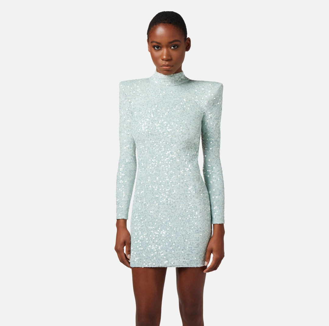 Mini-dress made of sequins with structured shoulders | Acqua- 38 | Cedro-38/40