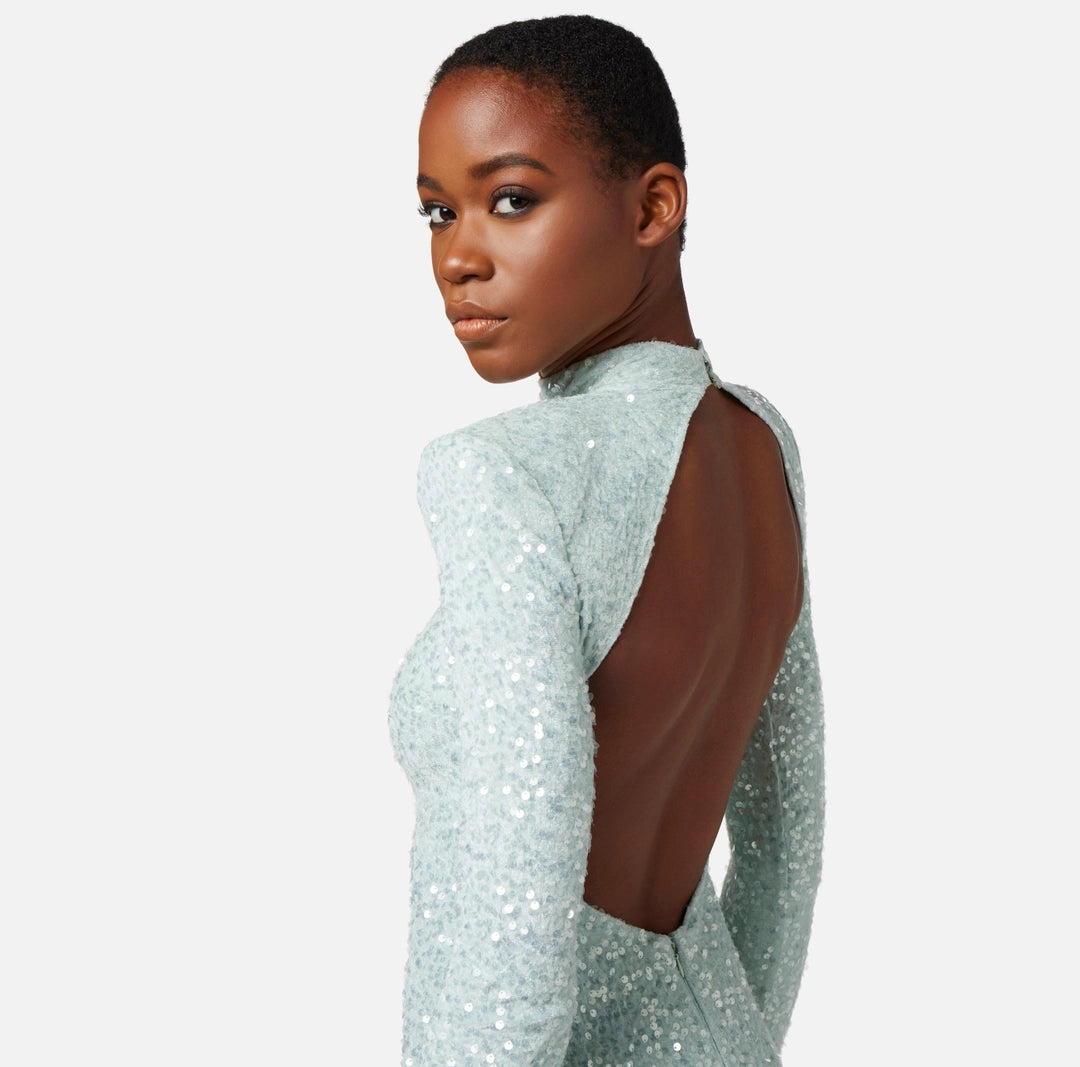 Mini-dress made of sequins with structured shoulders | Acqua- 38 | Cedro-38/40