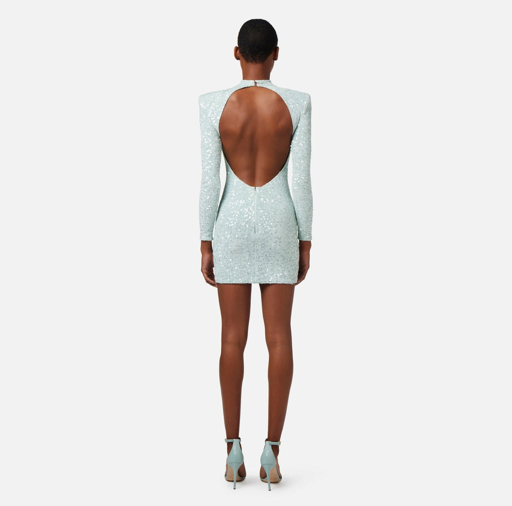 Mini-dress made of sequins with structured shoulders | Acqua- 38 | Cedro-38/40
