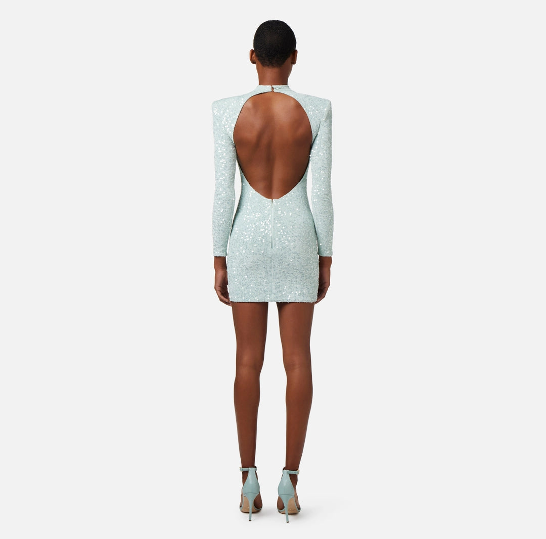Mini-dress made of sequins with structured shoulders | Acqua- 38 | Cedro-38/40