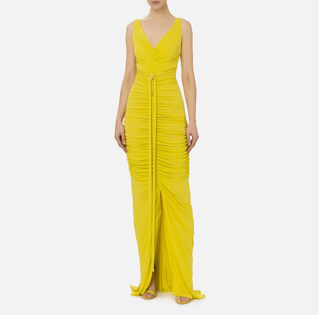 Red carpet dress in draped jersey with piercing | LAST PIECE: 40/42/44