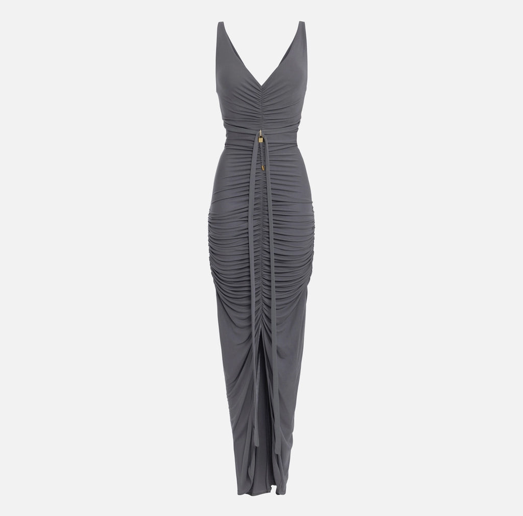 Red carpet dress in draped jersey with piercing | LAST PIECE: 40/42/44