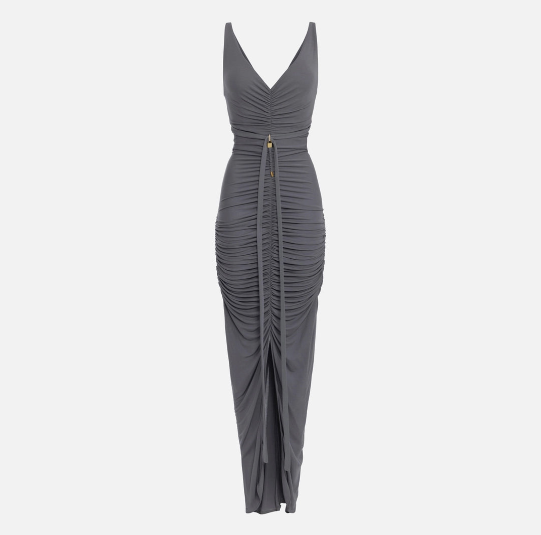 Red carpet dress in draped jersey with piercing | LAST PIECE: 40/42/44