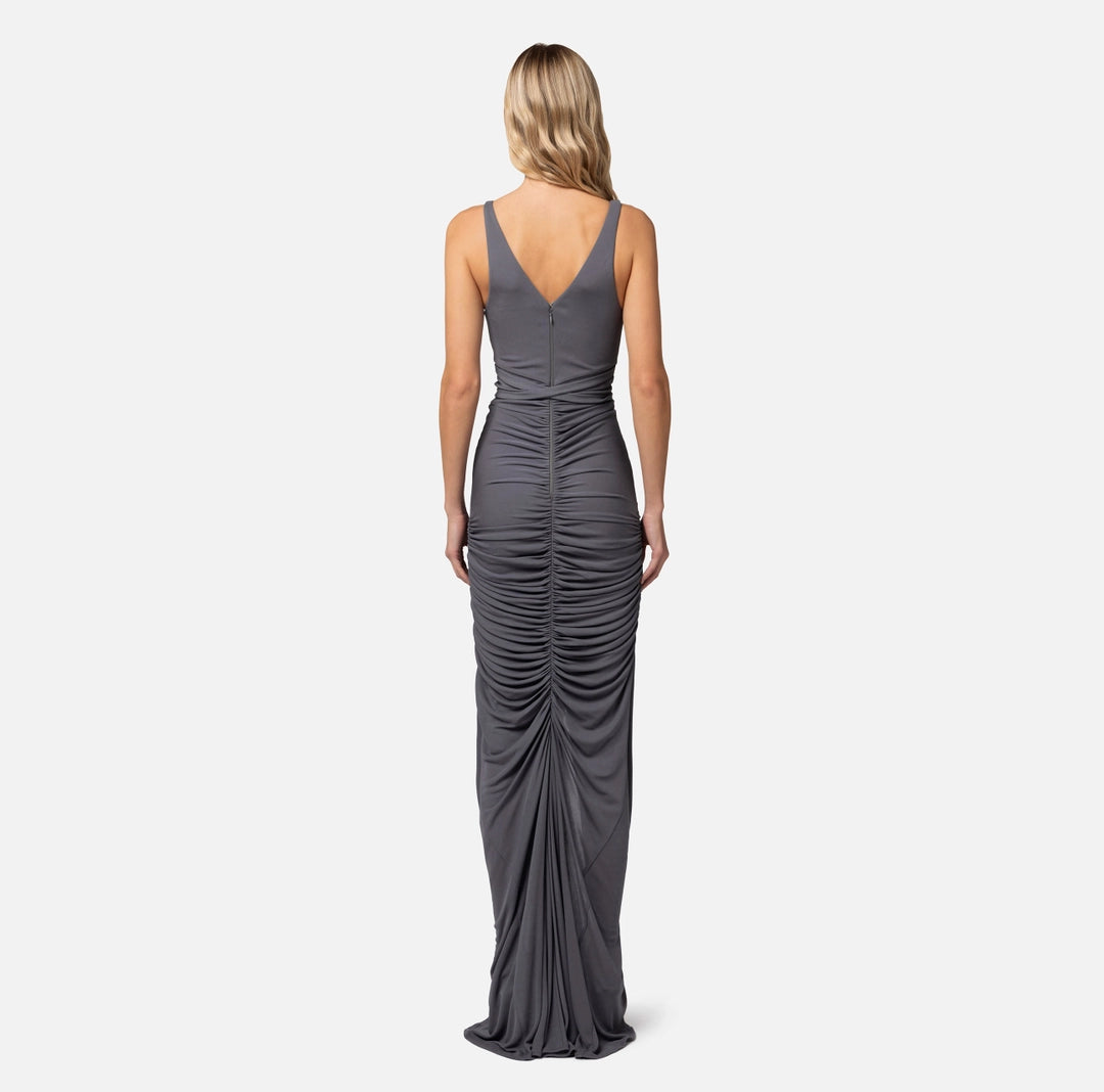 Red carpet dress in draped jersey with piercing | LAST PIECE: 40/42/44