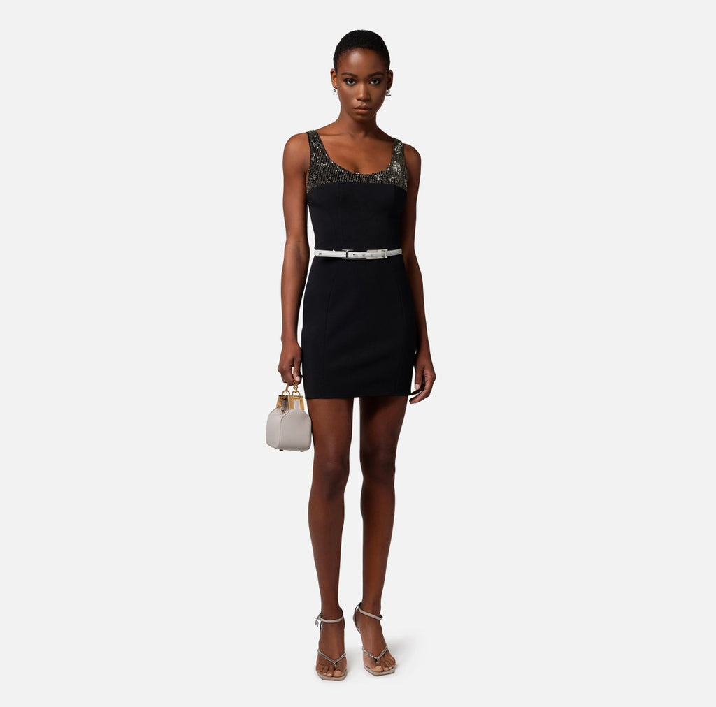 Mini-dress in crêpe fabric with embroidered bodice