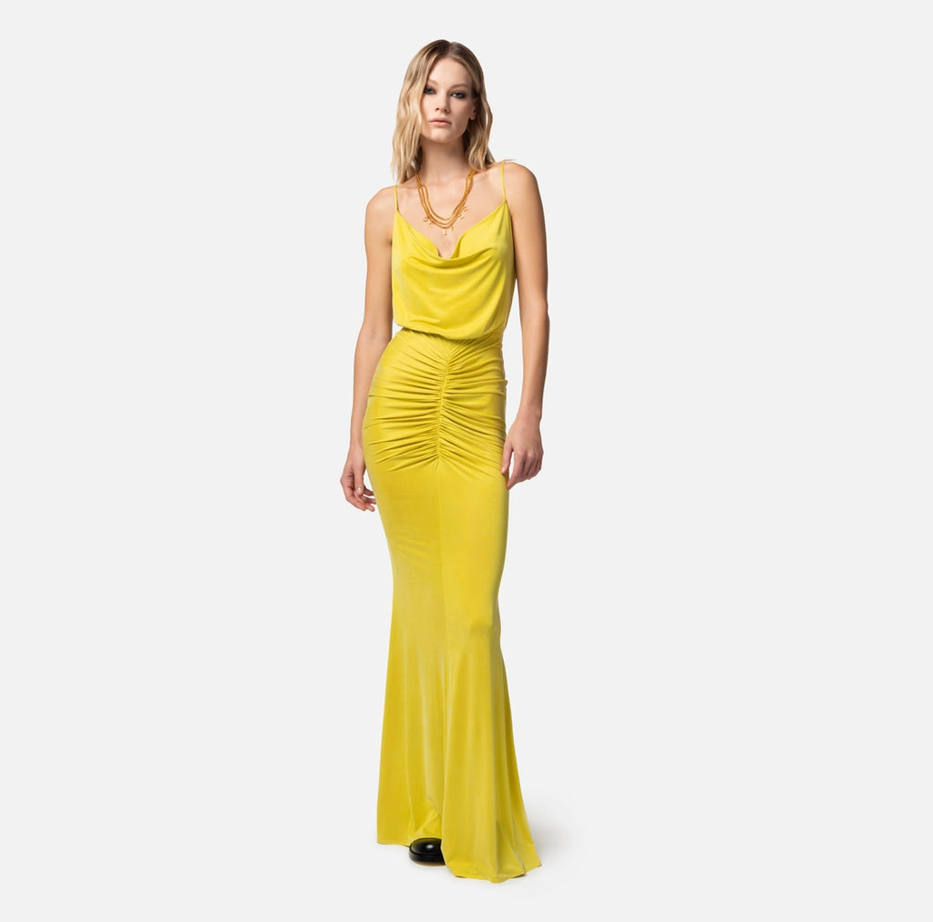 Red carpet dress in draped cupro jersey