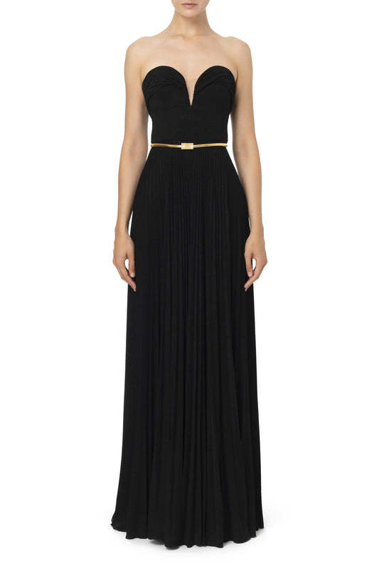 Pleated red carpet dress in lurex jersey with belt