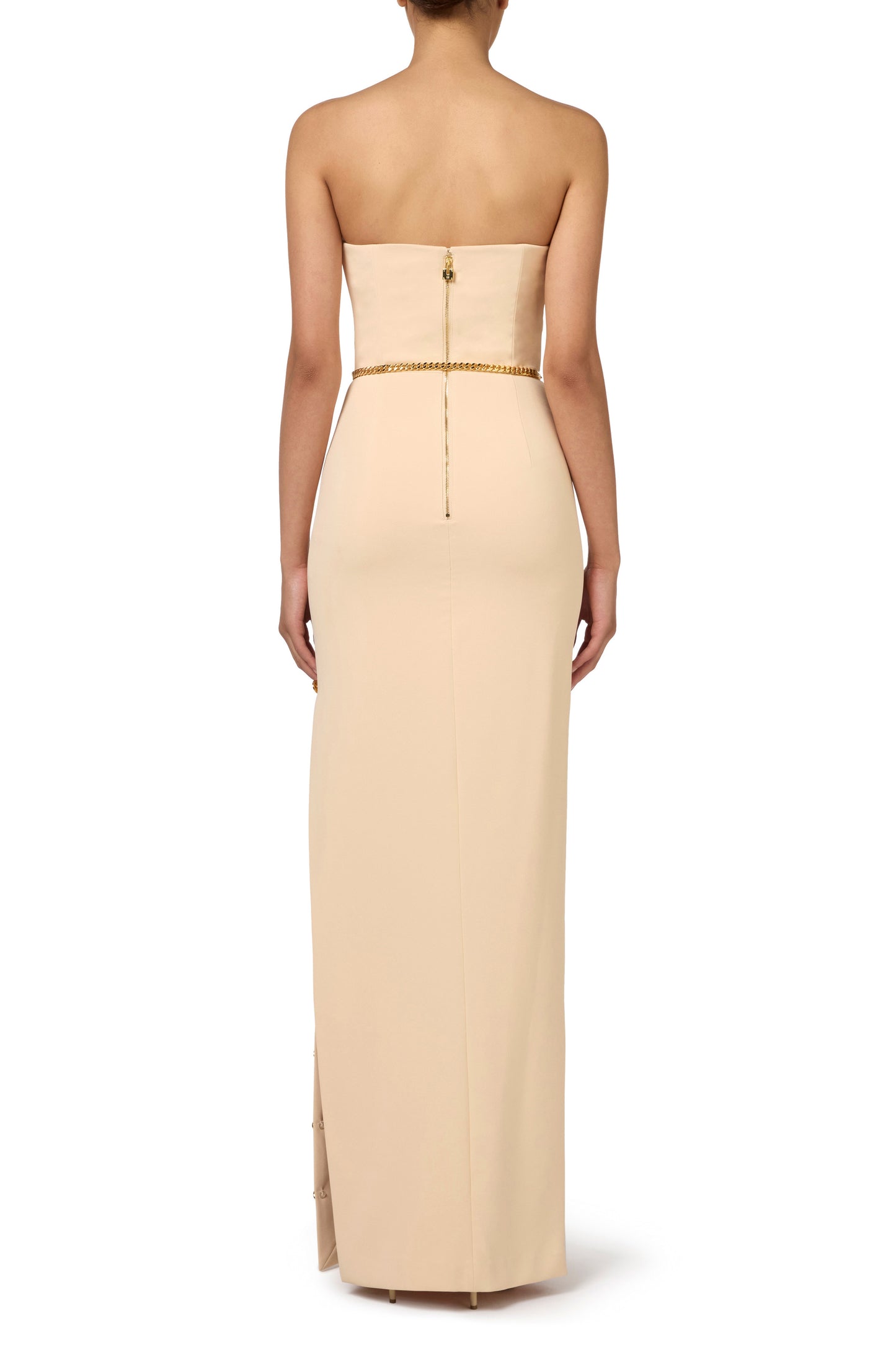 Red carpet dress in crêpe fabric with bustier neckline