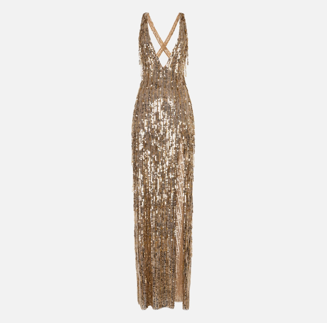 Red carpet dress with fringes made of beads and sequins | Nero-40