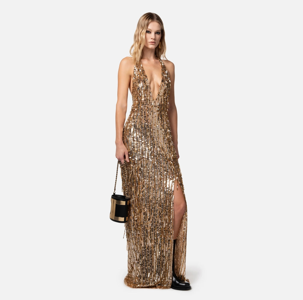 Red carpet dress with fringes made of beads and sequins | Nero-40
