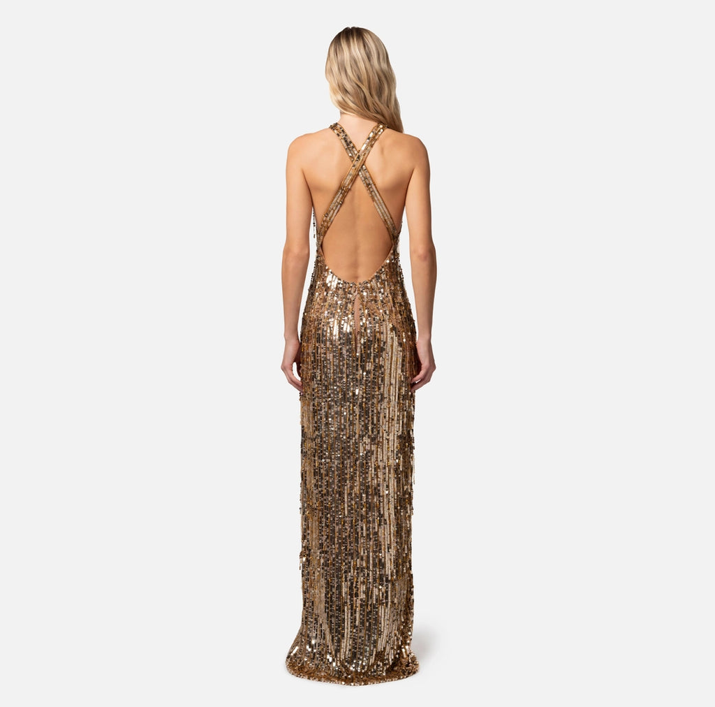 Red carpet dress with fringes made of beads and sequins | Nero-40