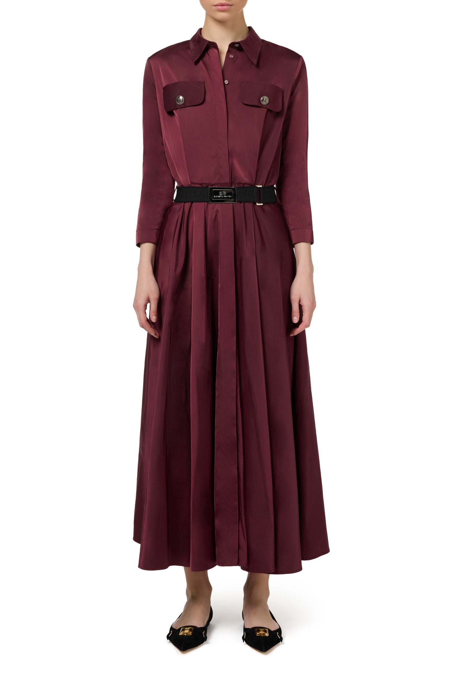 Nylon midi shirt-dress with belt