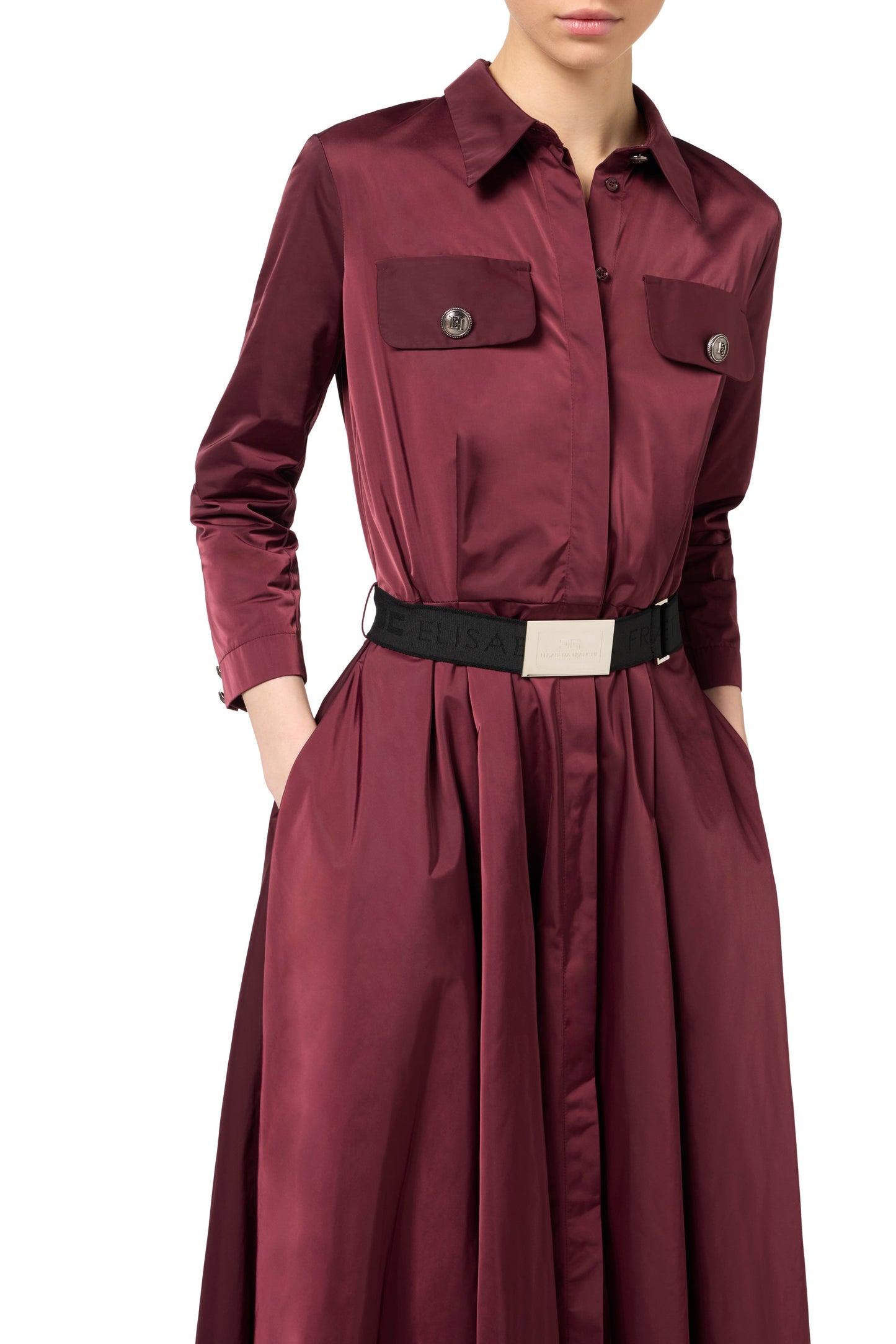 Nylon midi shirt-dress with belt