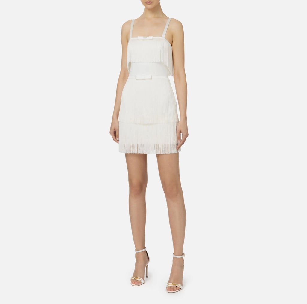 Mini-dress in crêpe fabric with fringes and bow | LAST PIECE: 42