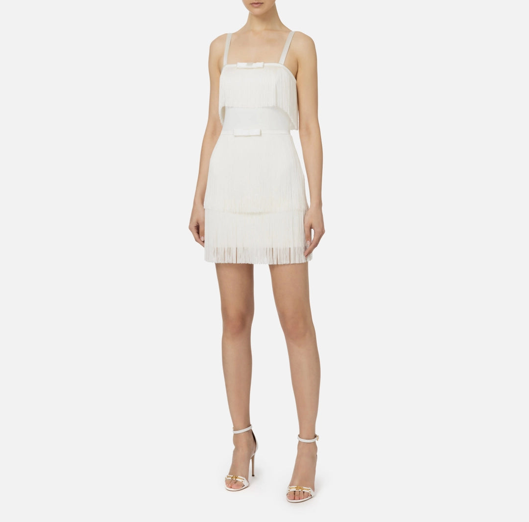 Mini-dress in crêpe fabric with fringes and bow | LAST PIECE: 42
