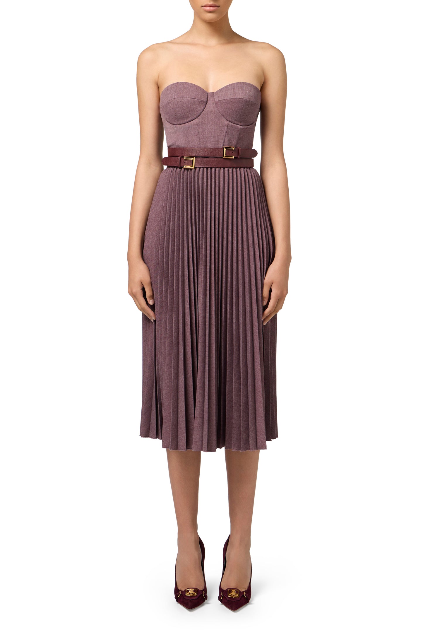 Cool wool melange midi dress with pleated skirt and belt