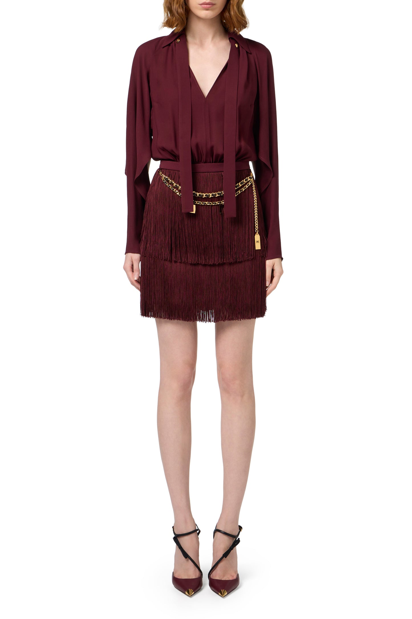 Mini-dress with shirt with scarf and fringed skirt