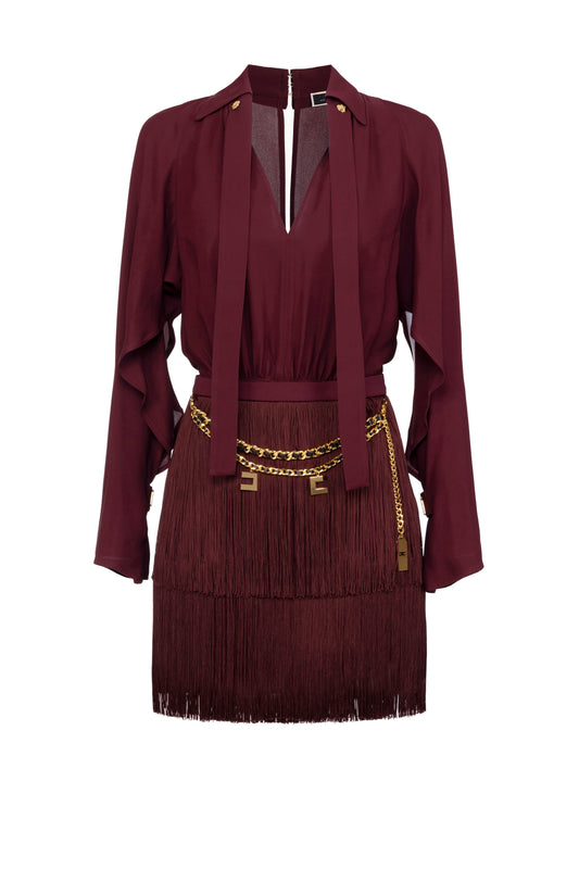 Mini-dress with shirt with scarf and fringed skirt