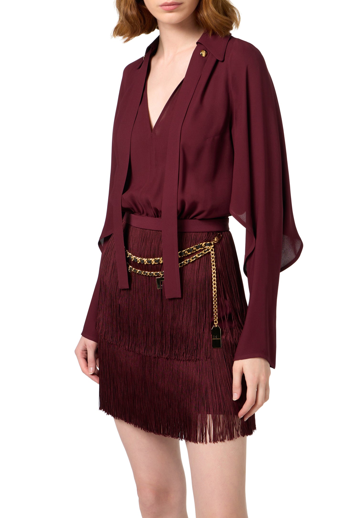 Mini-dress with shirt with scarf and fringed skirt