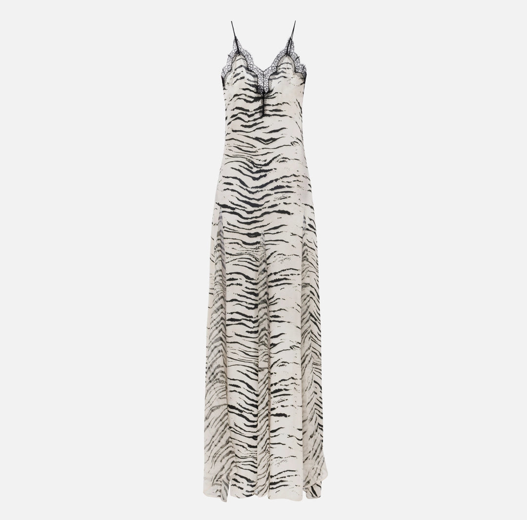 Long dress in viscose georgette fabric with animal print