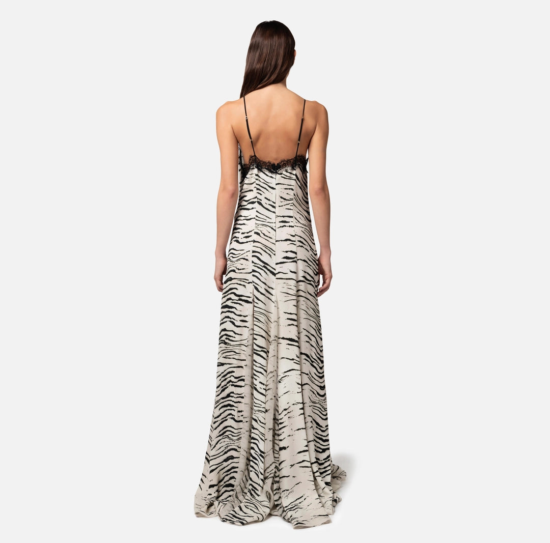 Long dress in viscose georgette fabric with animal print