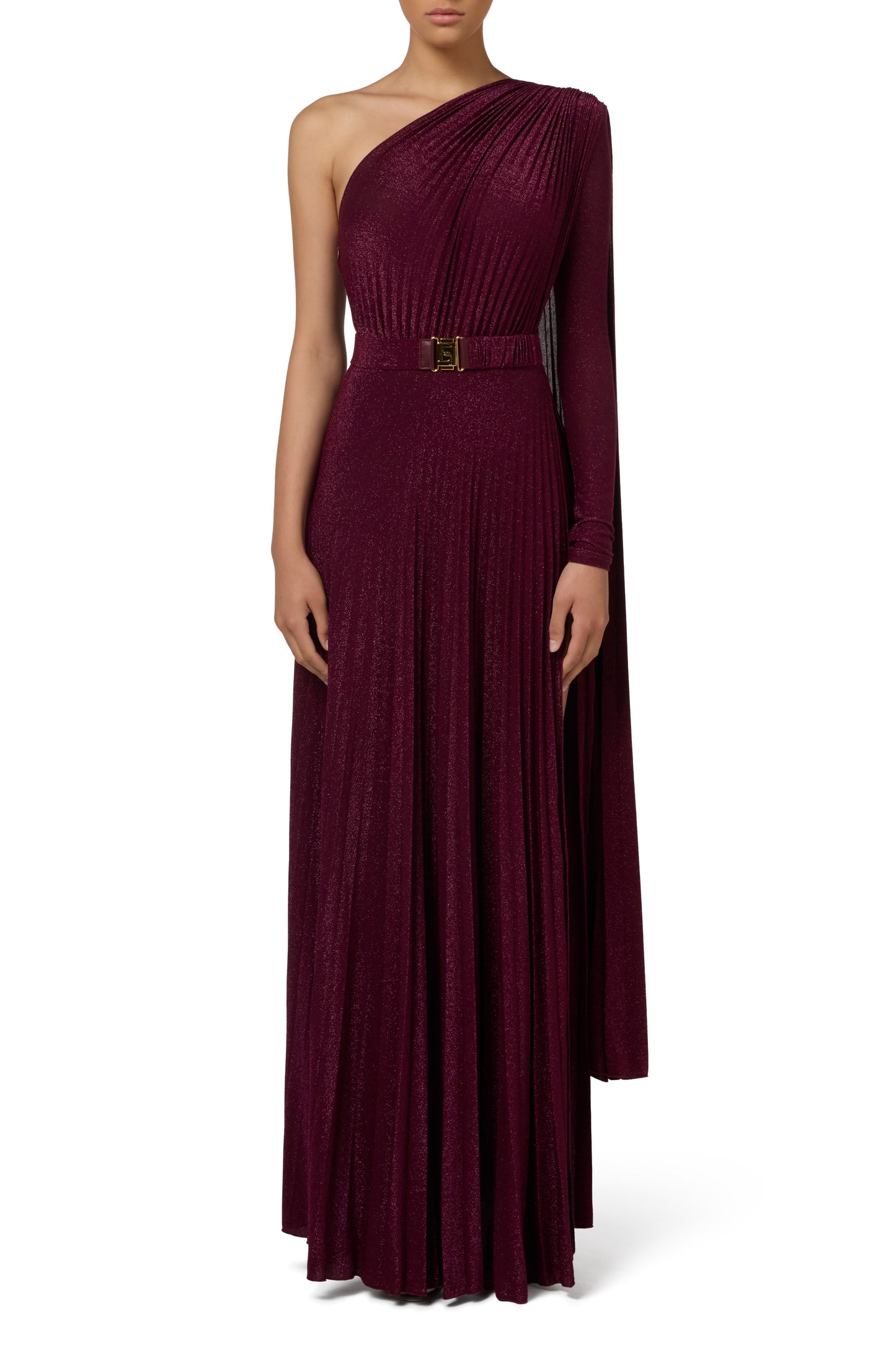 One-shoulder red carpet dress in pleated lurex jersey