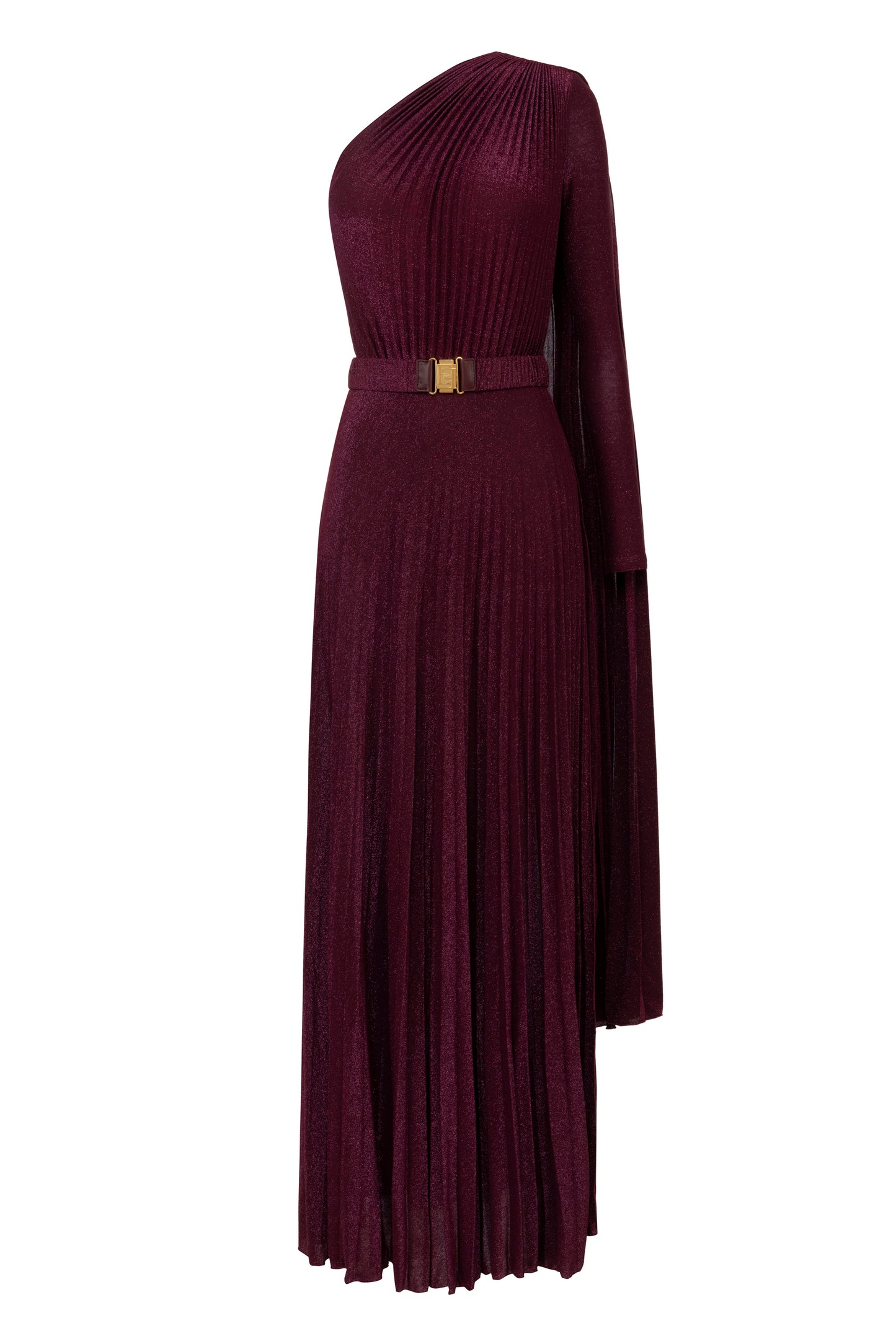 One-shoulder red carpet dress in pleated lurex jersey