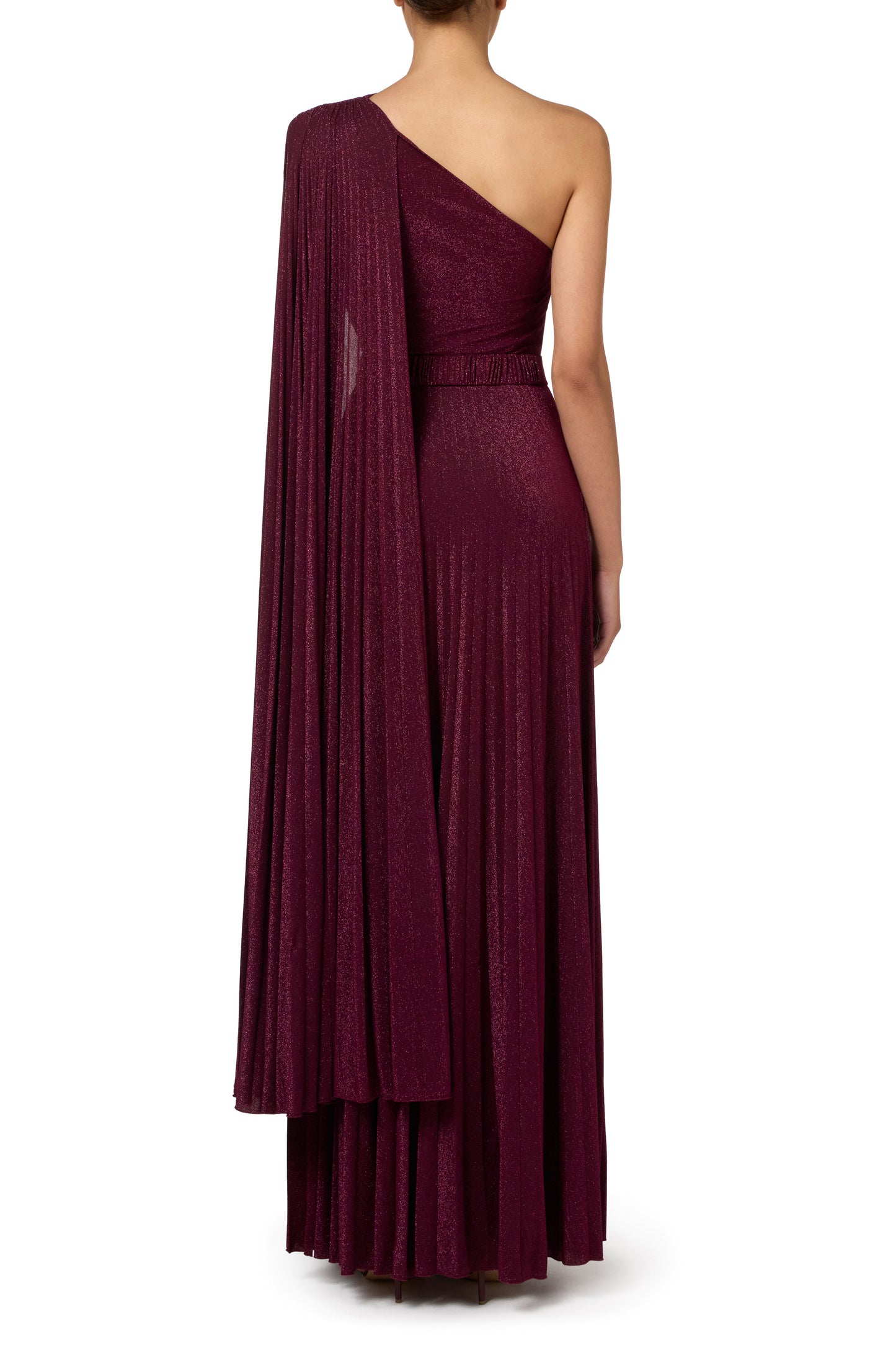 One-shoulder red carpet dress in pleated lurex jersey