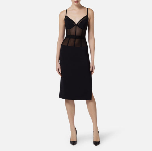 Sheath dress in crêpe and tulle fabrics