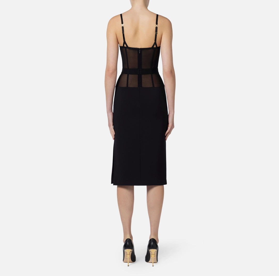 Sheath dress in crêpe and tulle fabrics