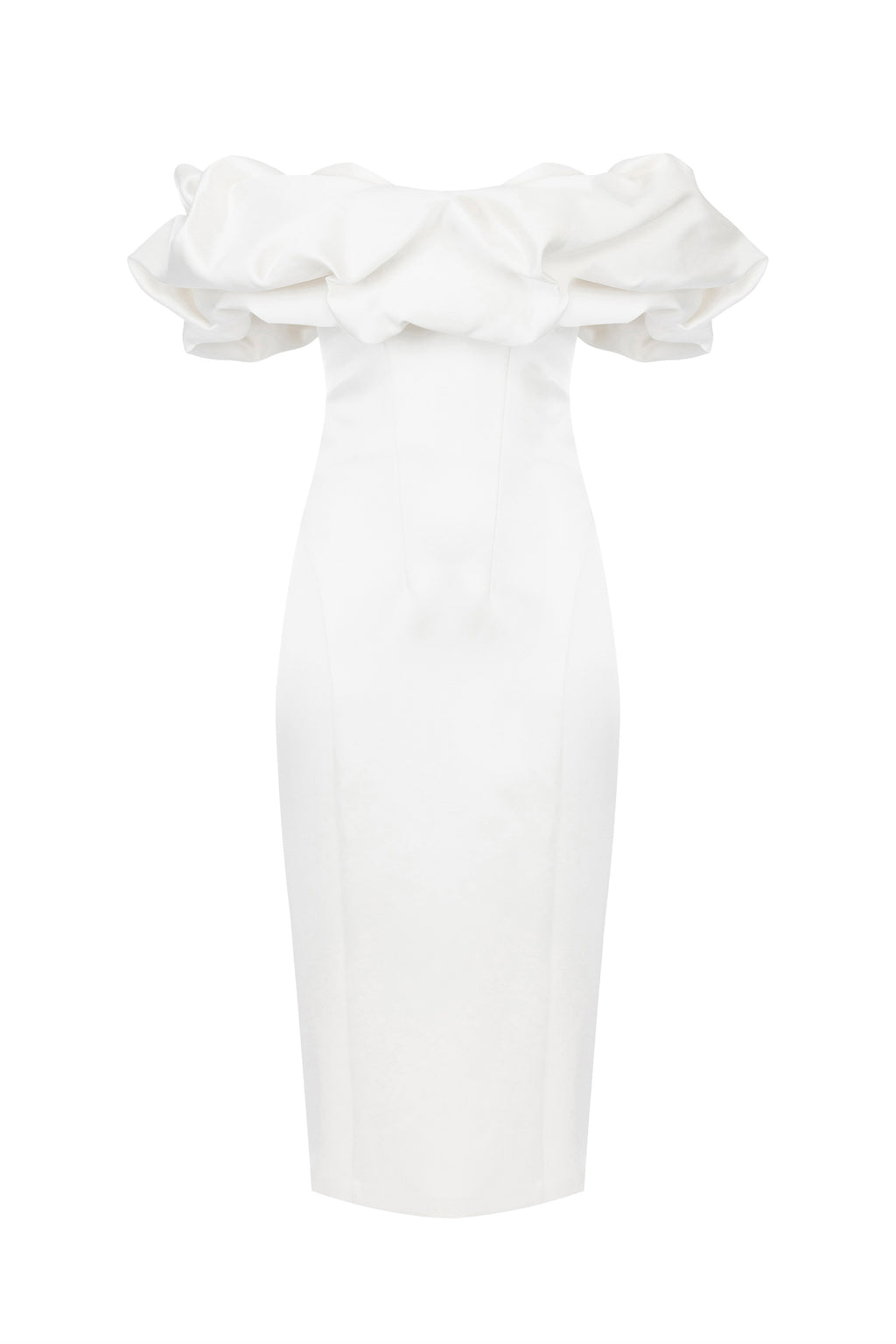 Dress in duchess satin with 3D neckline