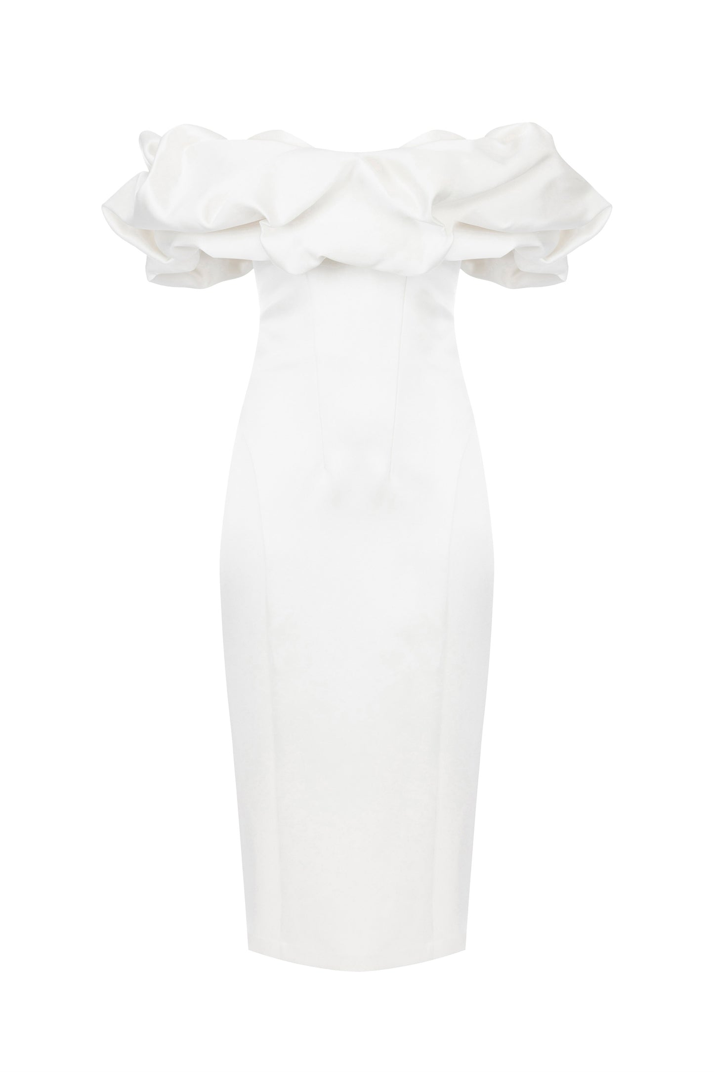 Dress in duchess satin with 3D neckline