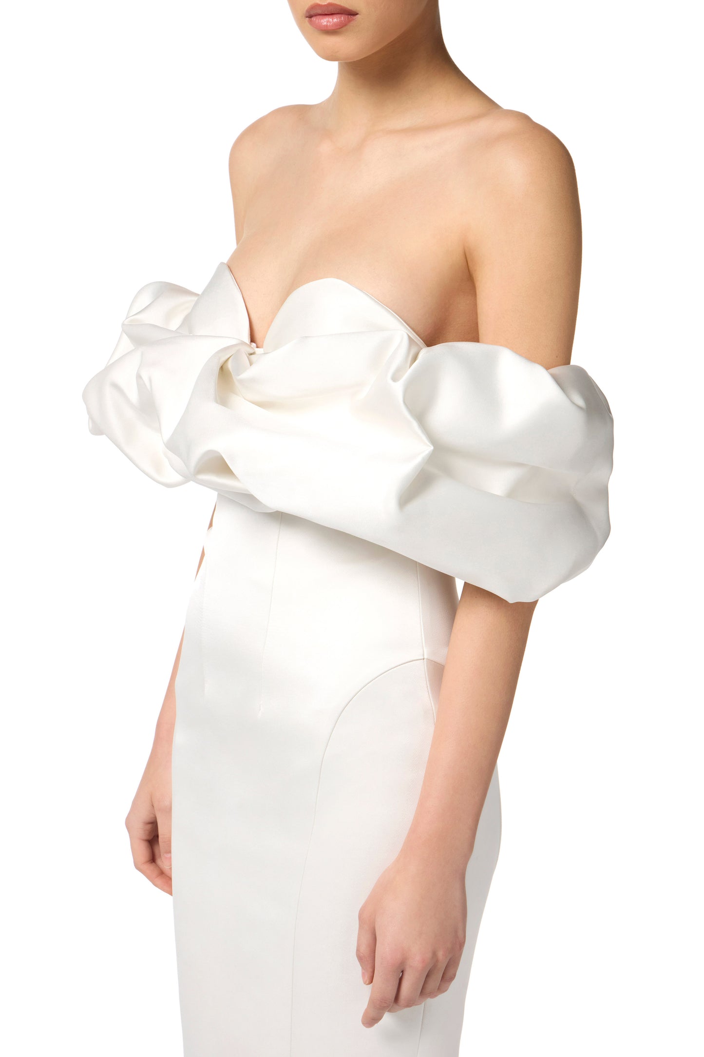 Dress in duchess satin with 3D neckline